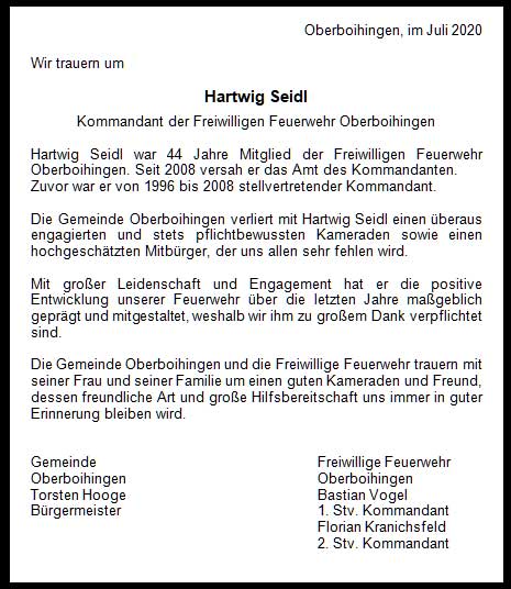 Traueranzeige Hartwig Seidl